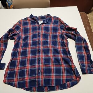 Old Navy Shirt Women L RED & Blue Plaid Boyfriend Flannel Long Sleeve Button Up